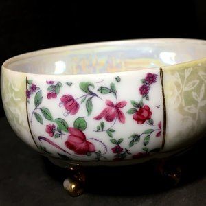 Antique Lovely Hand Painted Floral Iridescent Gold Leaf & Gilt Footed Bowl